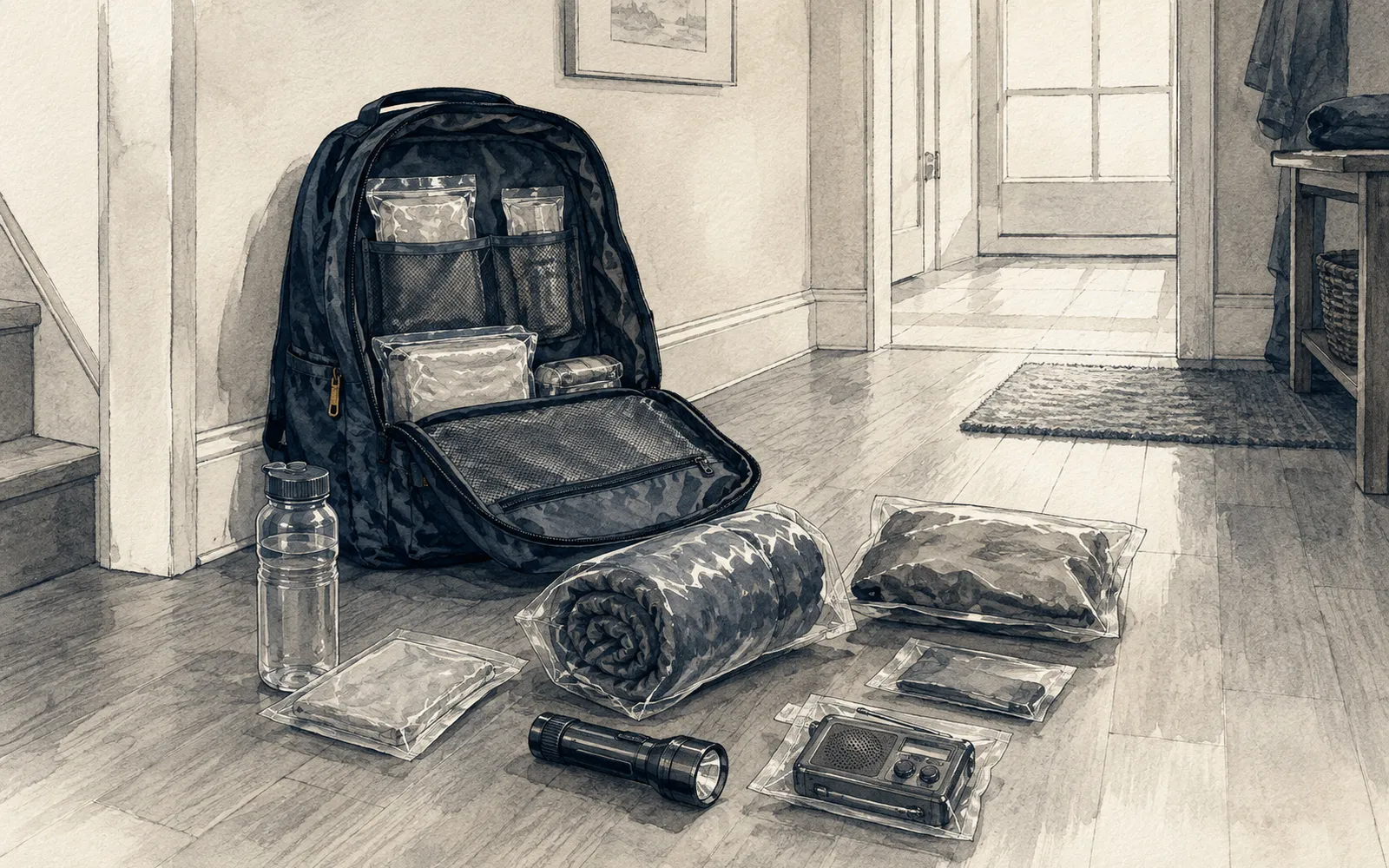Ink illustration: an open emergency kit backpack on a hallway floor with sealed contents partly unpacked around it.