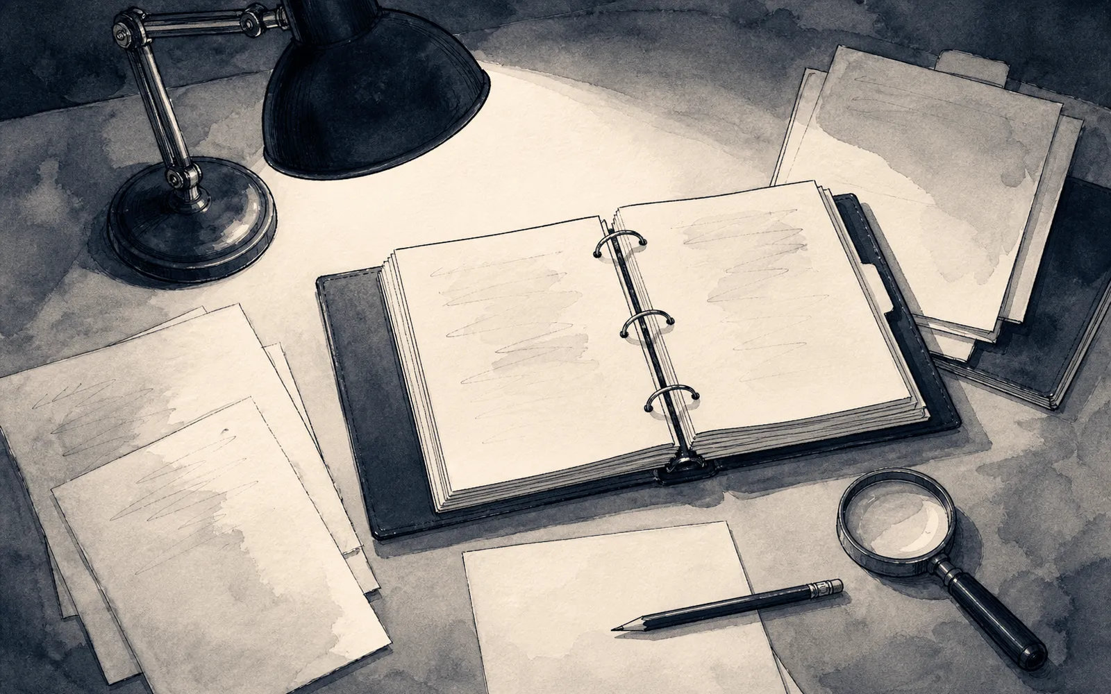 Ink illustration: a working desk under a lamp — open manufacturer literature, a standards document and a set of notes, mid-page rather than finished.