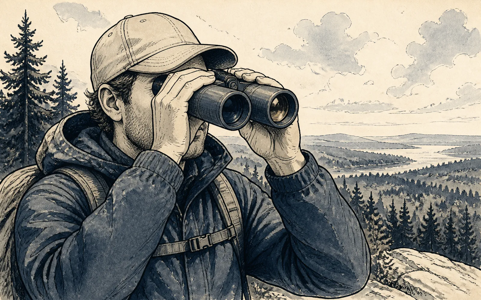 Ink illustration: a person glassing a wooded valley, roof-prism binoculars held to their eyes, one objective catching light.