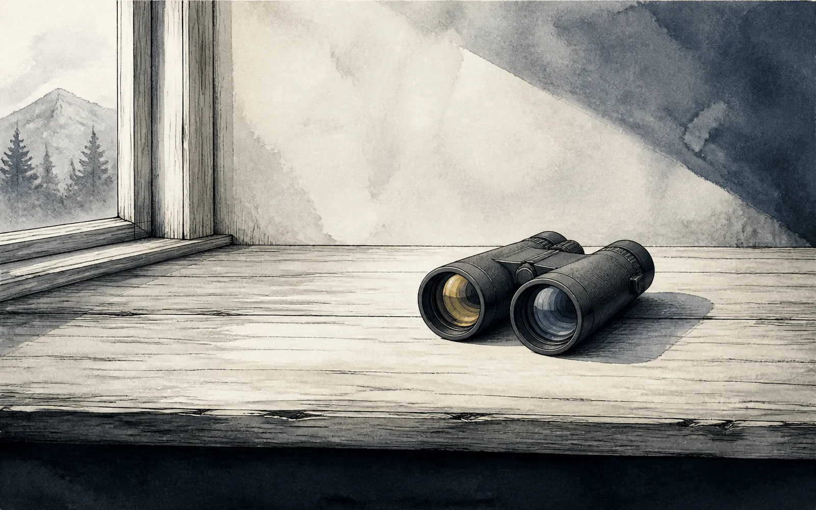 Ink illustration: binoculars resting on a wooden table in window light, coating bloom showing in one objective.