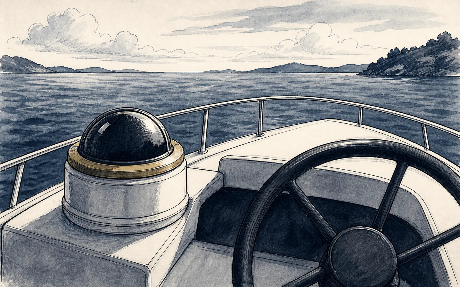 Ink illustration: a domed binnacle compass at a helm, brass bezel, open water and a headland beyond.