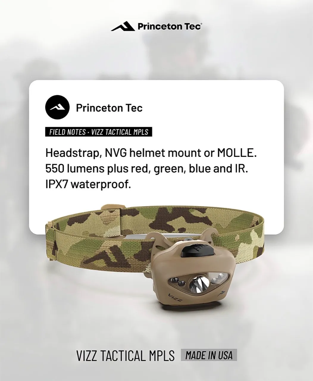 Princeton Tec promotional graphic supplied by the reader, showing the Vizz Tactical MPLS and its advertised mounting options, 550-lumen output, additional light modes and IPX7 rating.