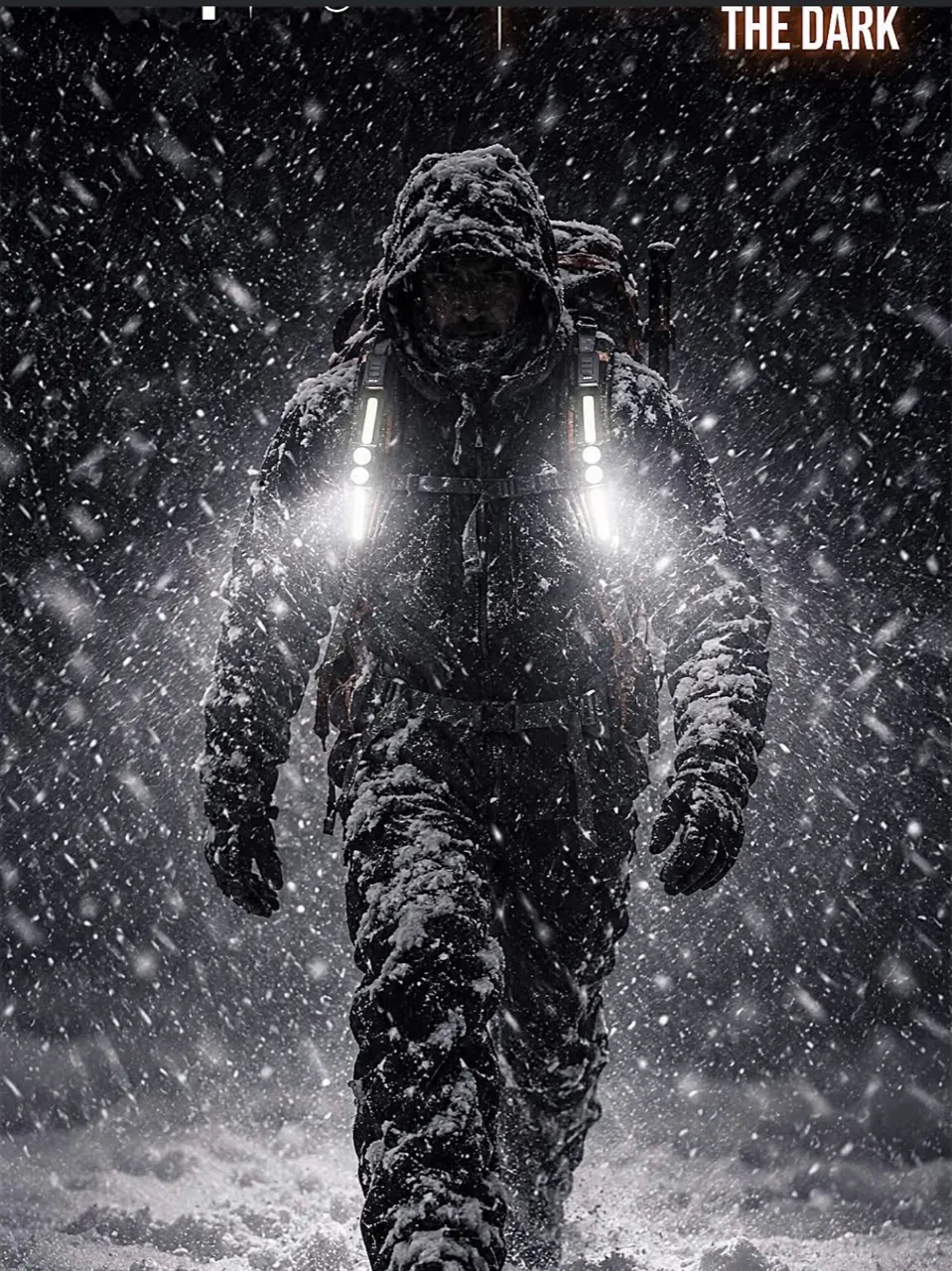 Supplied StrapLights promotional scene showing a backpack wearer in falling snow with illuminated lights on the shoulder straps.