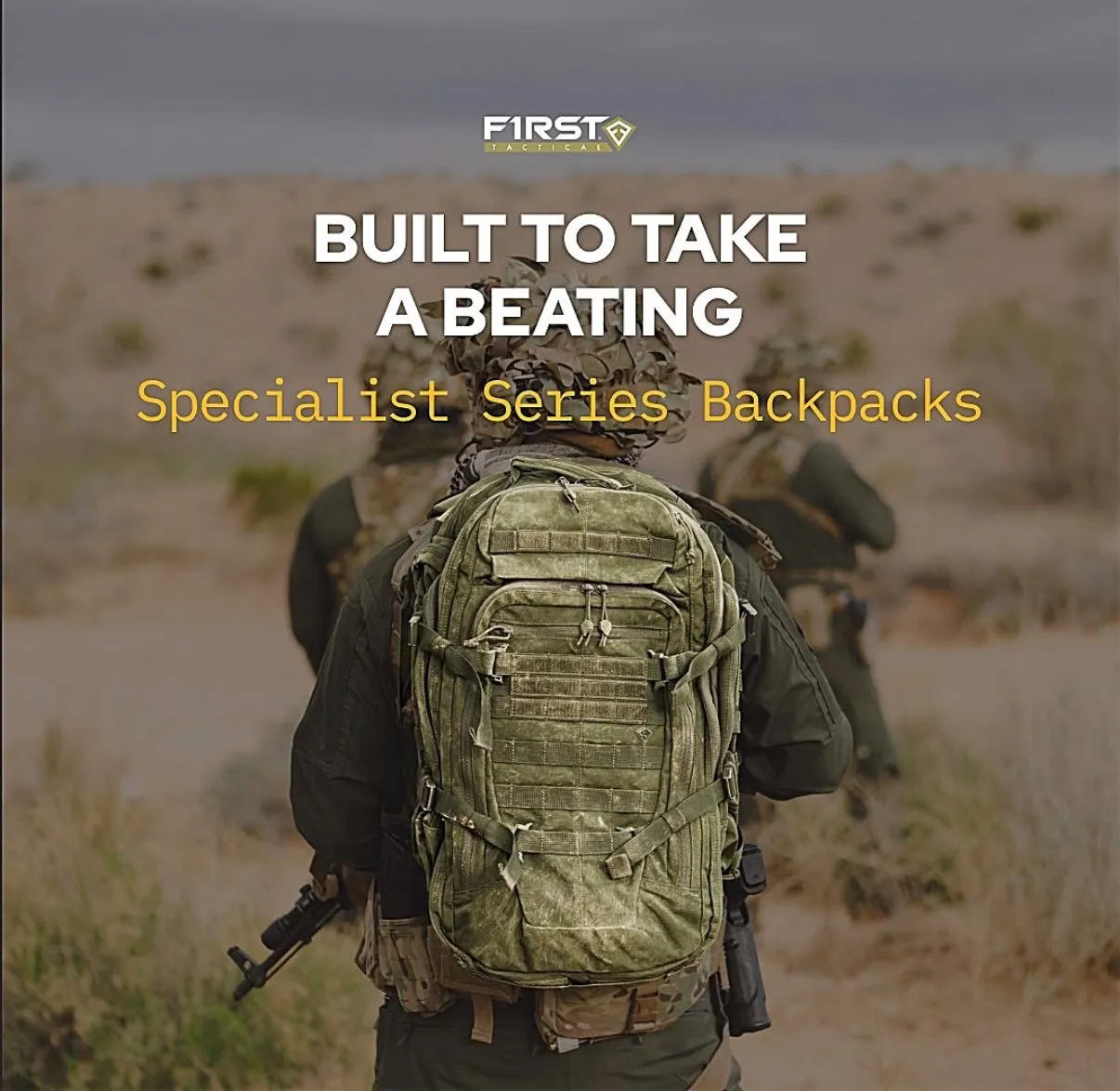 First Tactical Specialist Series promotional image showing a person wearing a green backpack outdoors.