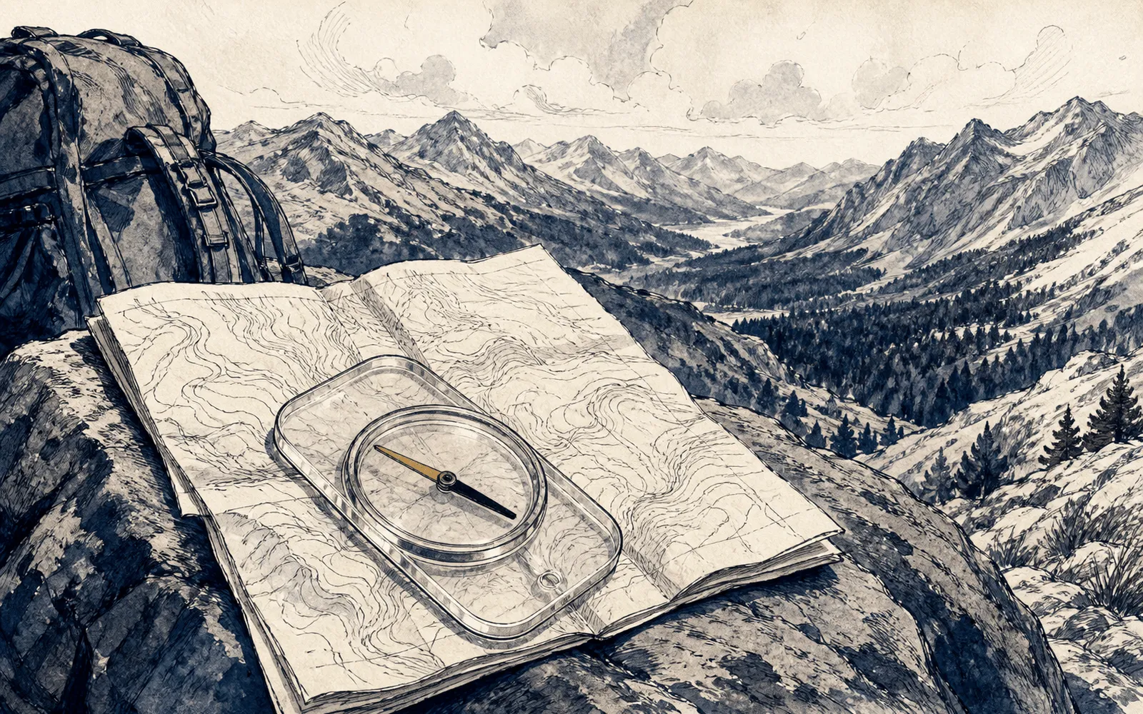 Ink illustration: a baseplate compass resting on a folded contour map above a mountain valley.