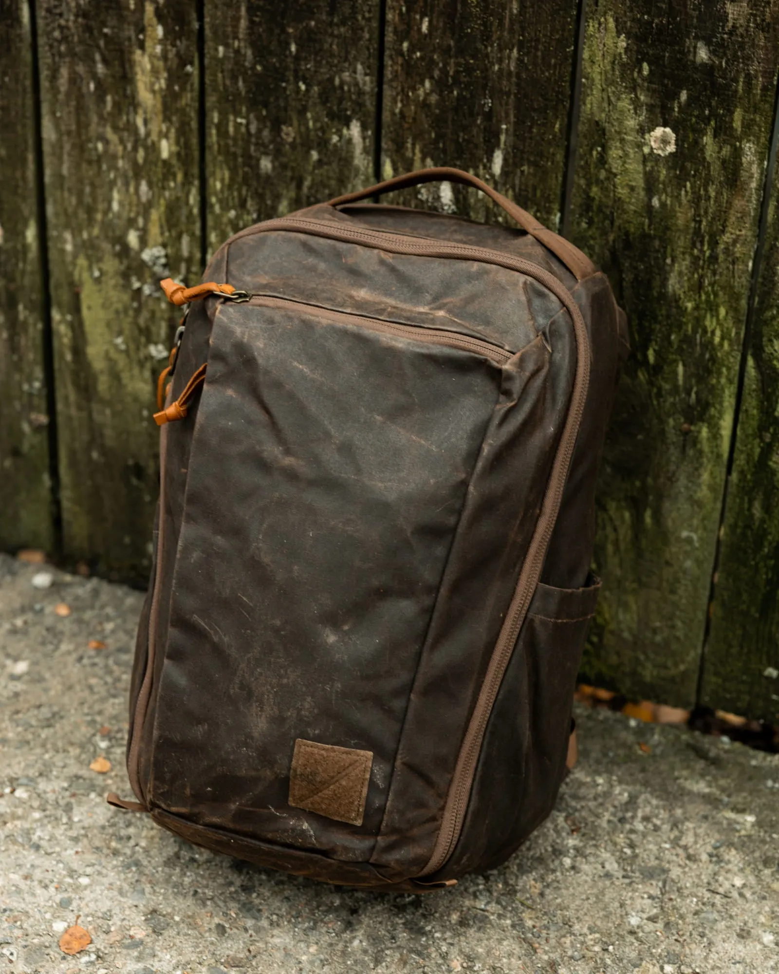 Close view of the waxed-canvas shell and construction on an EVERGOODS CIVIC Travel Bag.