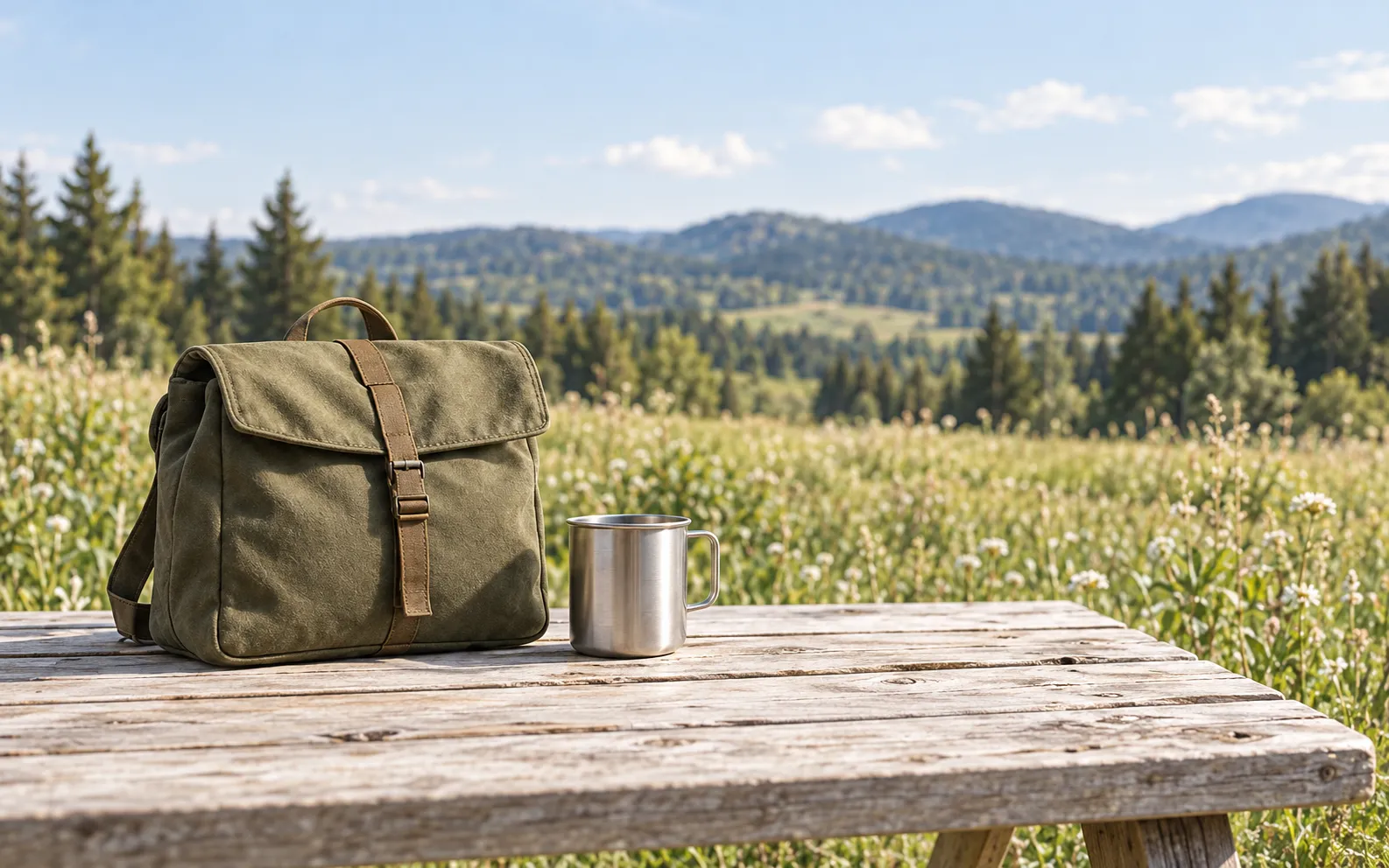 AI-generated editorial image: a closed canvas day bag and steel cup on a picnic table overlooking a meadow.