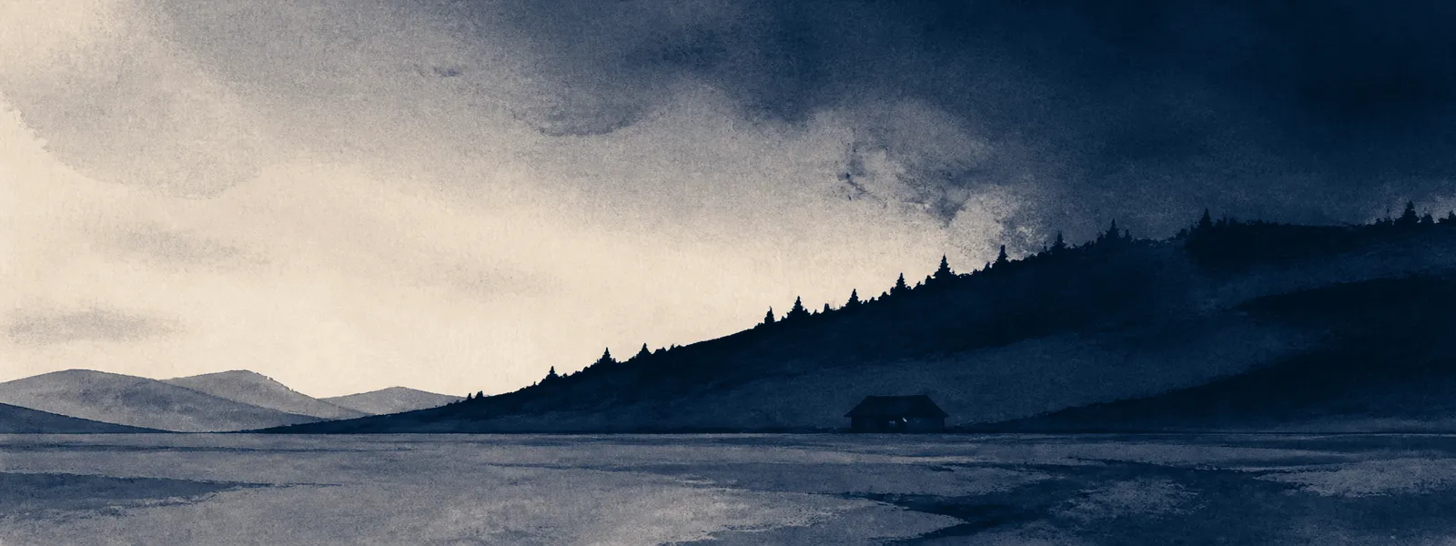 Ink illustration: a lake at dusk, a treeline along the far shore and one small cabin below it.