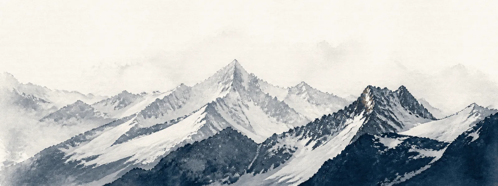 Ink illustration: an alpine skyline under a cold sky, ridges stacked back into haze.