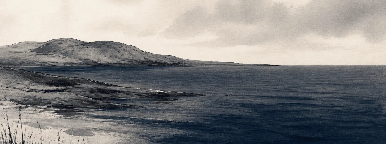 Ink illustration: a grey coastal headland above open water, weather coming in off the sea.