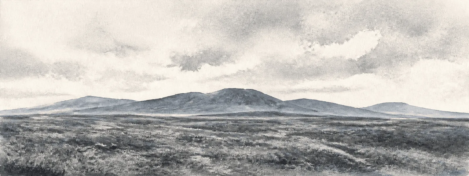 Ink illustration: a far ridgeline read across open ground, the distance itself the subject.