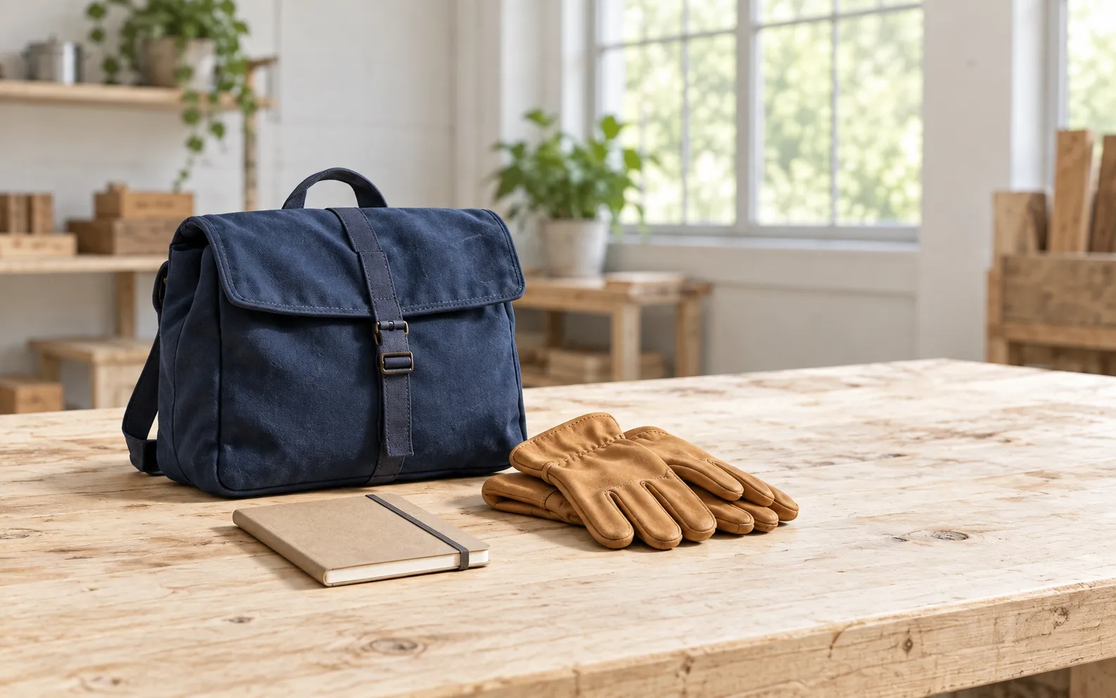 AI-generated editorial image: a closed canvas bag, unused leather gloves and notebook on a sunlit workbench.