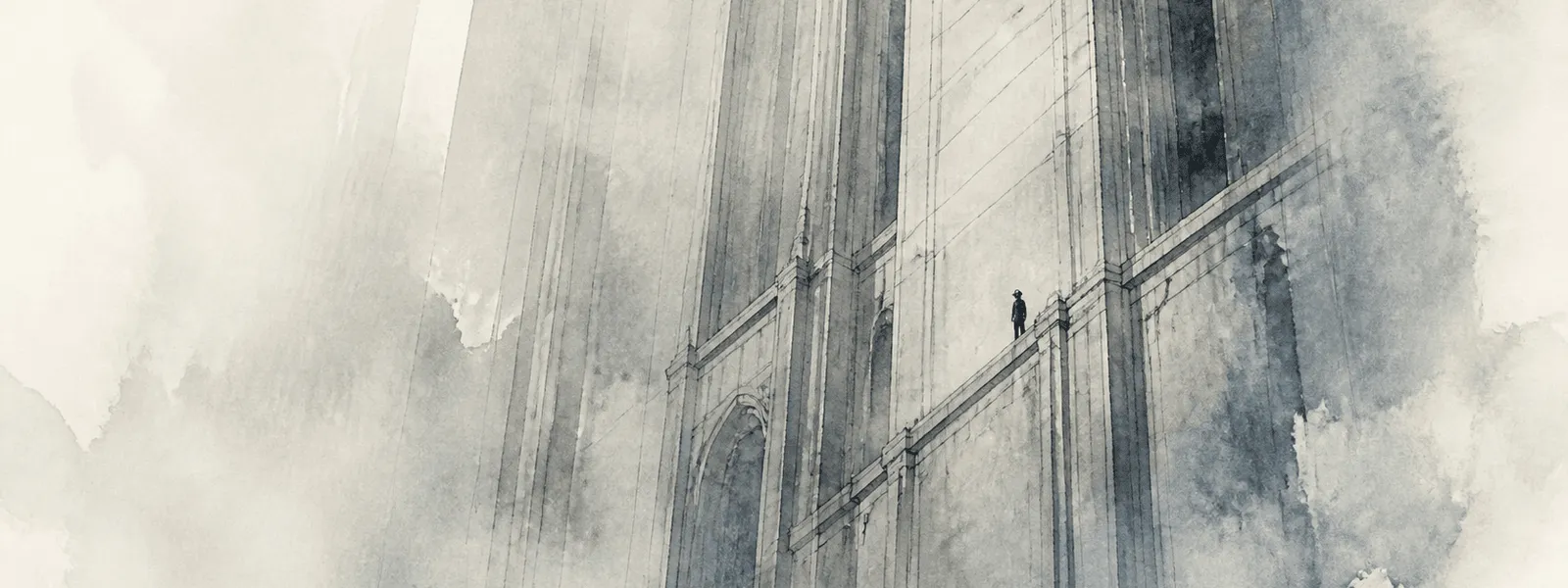 Ink illustration: a structure rising out of low cloud, its upper reaches lit and its base lost in weather.