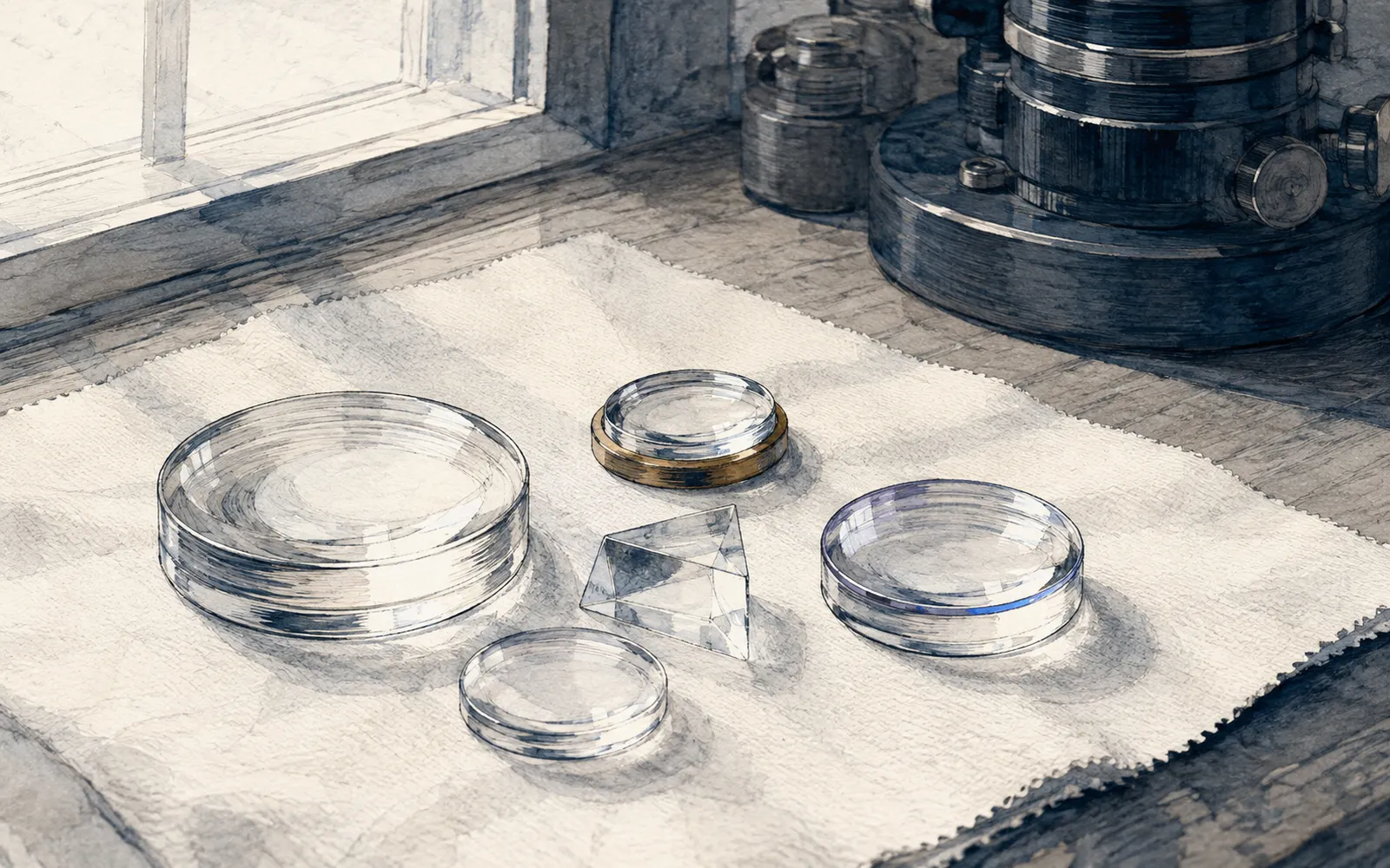 Ink illustration: loose objective lens elements and a prism resting on a lint cloth in window light.