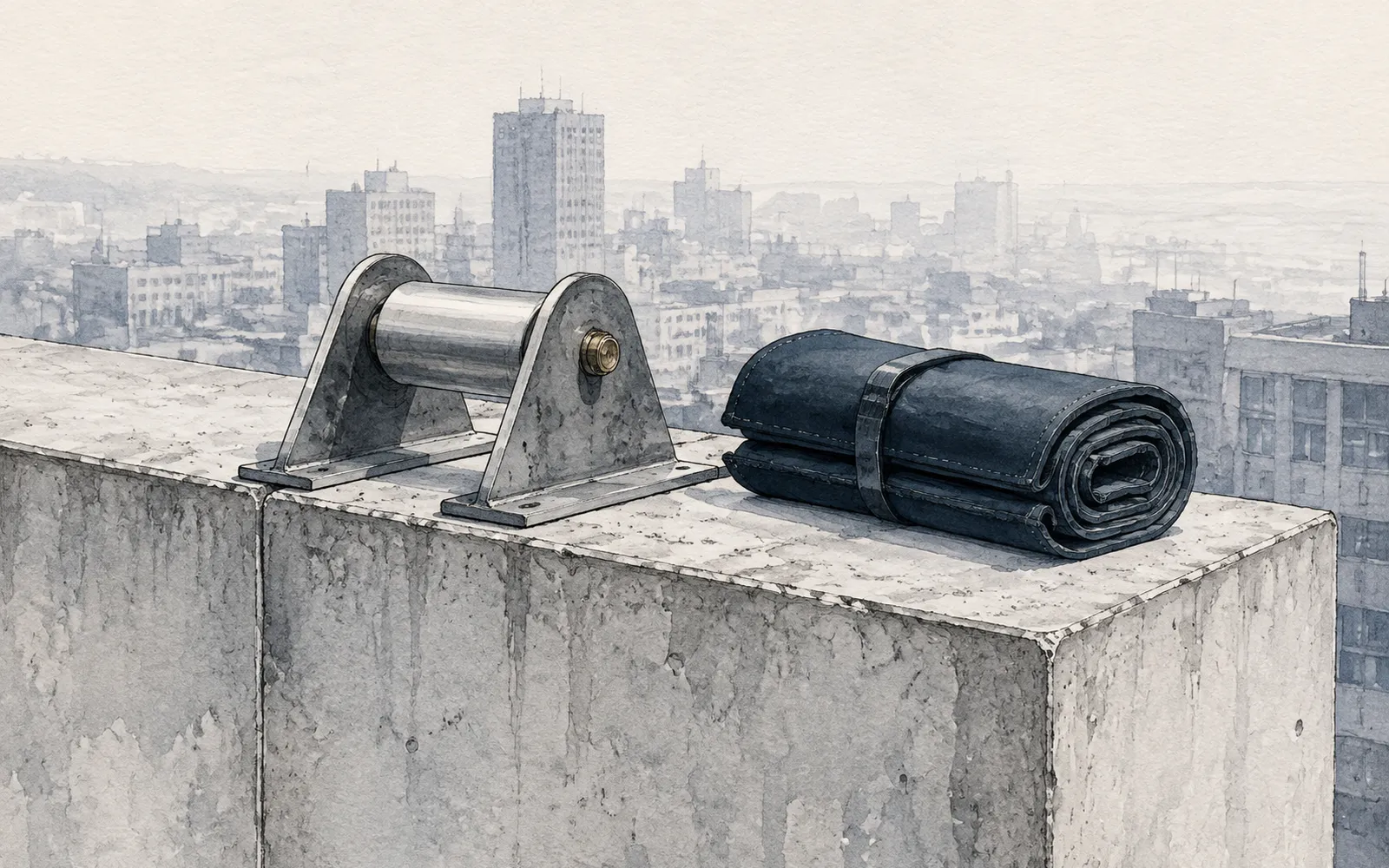 Ink illustration: an edge roller and rolled protective pad sitting unused on a concrete parapet, city haze beyond.
