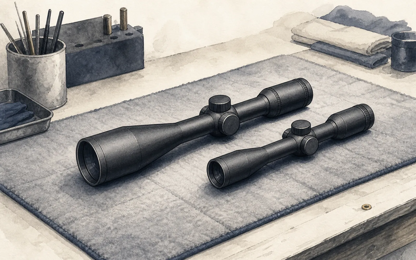 Ink illustration: two riflescopes of different lengths and bell sizes lying side by side on a padded bench.