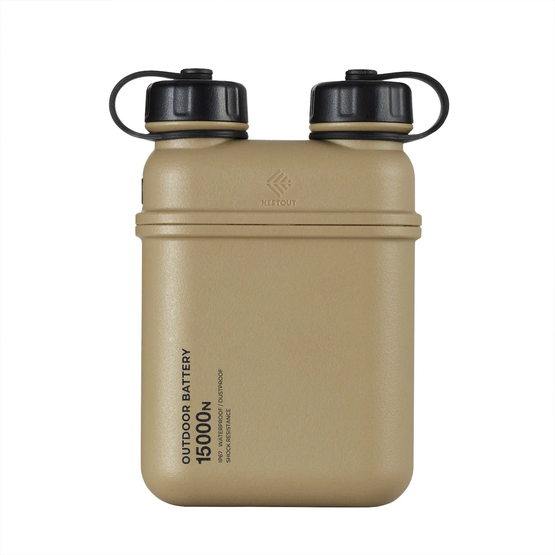 Official photograph of the beige NESTOUT 15000N outdoor battery with both black port caps closed.