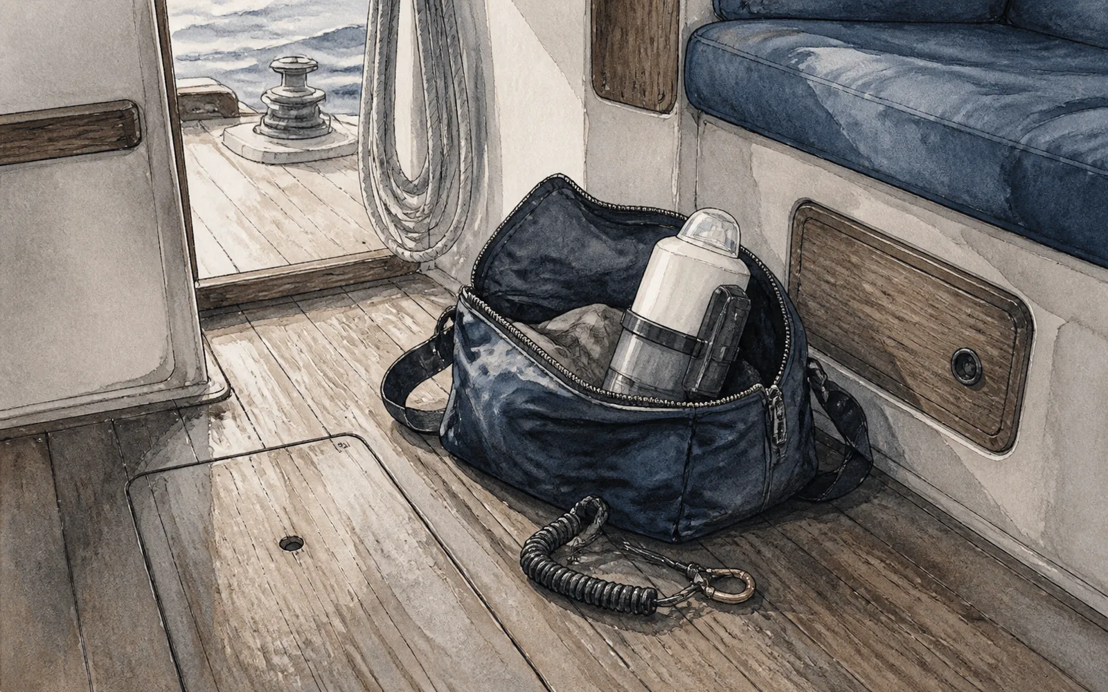 Ink illustration: an emergency beacon stowed upright in an open grab bag on a cabin sole, its lanyard coiled beside it.