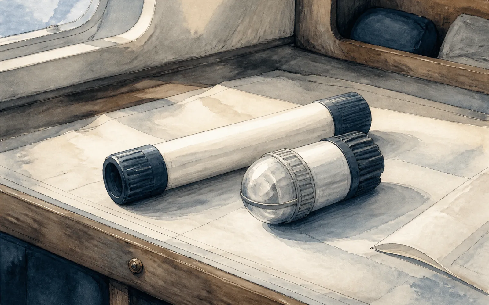 Ink illustration: a capped handheld flare and an electronic distress light lying together on a chart table.
