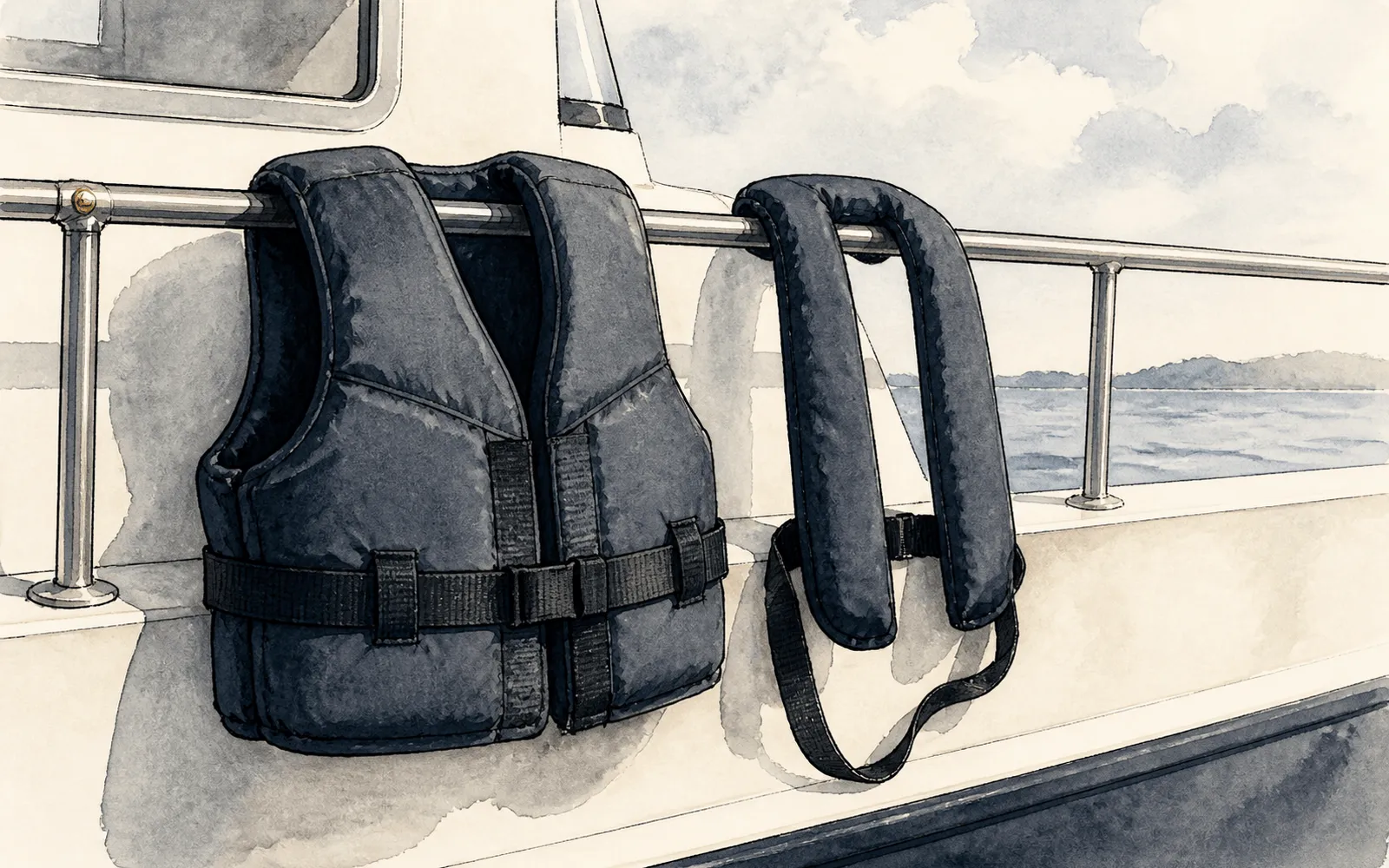 Ink illustration: a bulky foam vest and a slim uninflated inflatable hung side by side on a boat rail.