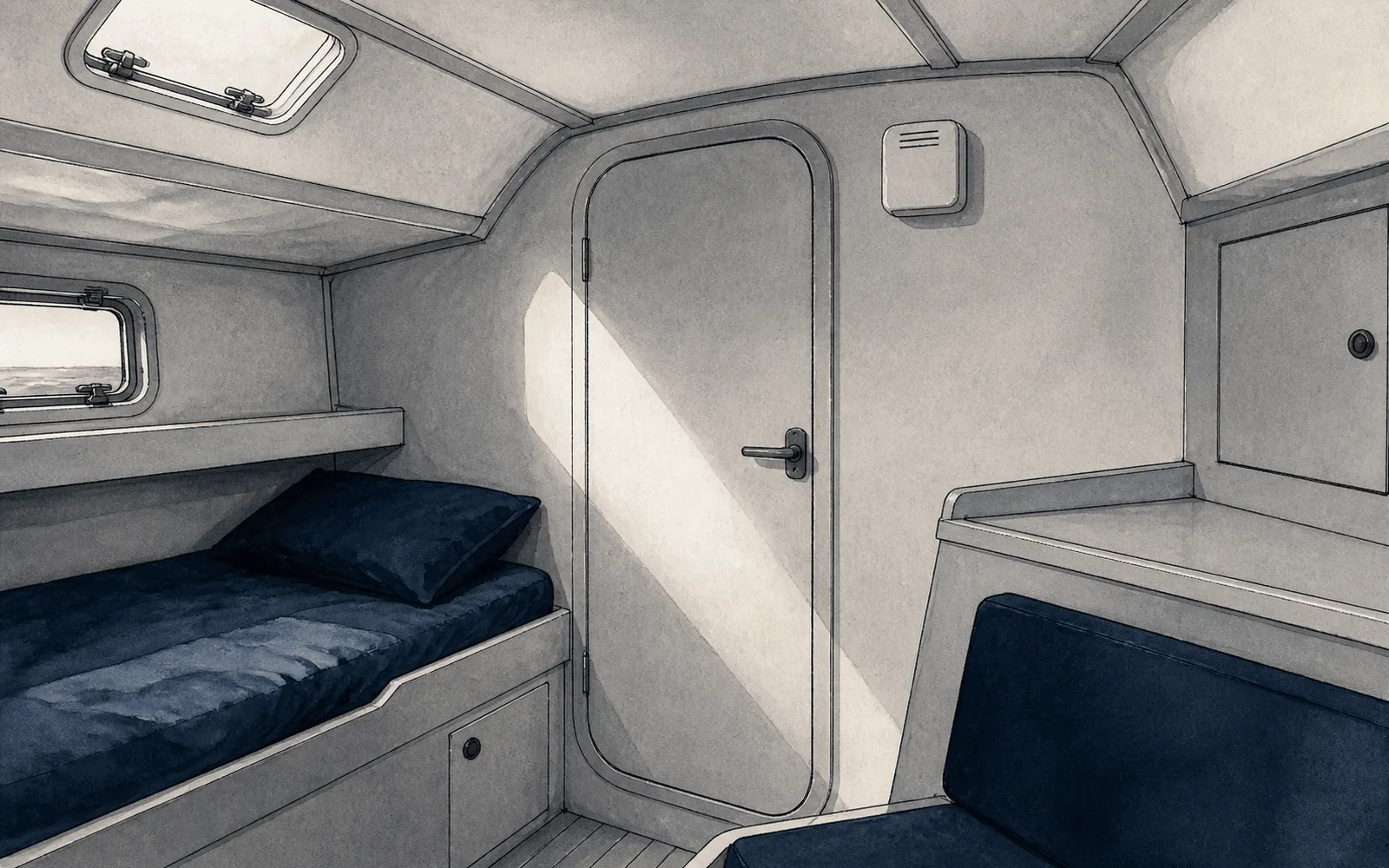 Ink illustration: the interior of a boat cabin — a berth, a closed door and a small alarm unit mounted high on the bulkhead.