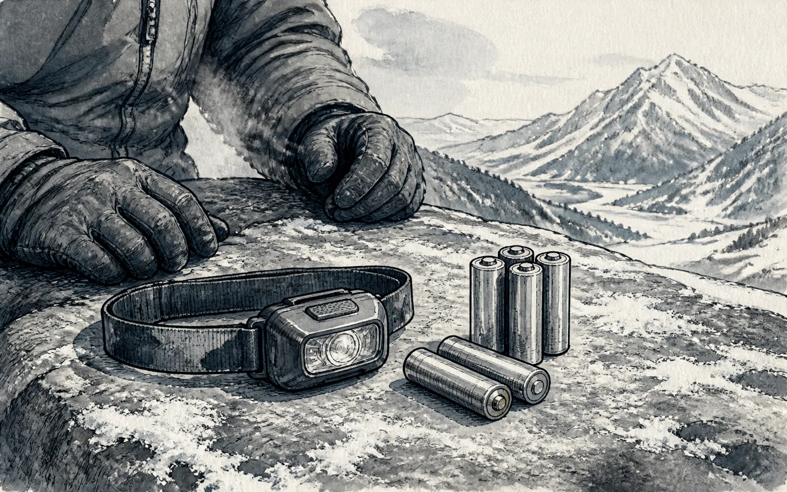 Ink illustration: a closed headlamp and loose unbranded cells on frosted rock beside gloved hands, breath visible in the cold.