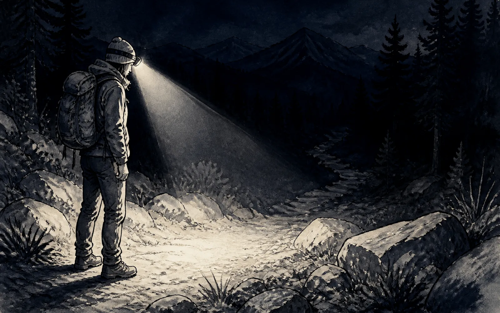 Ink illustration: a hiker's headlamp throwing a broad flood on the near trail while the valley beyond stays dark.