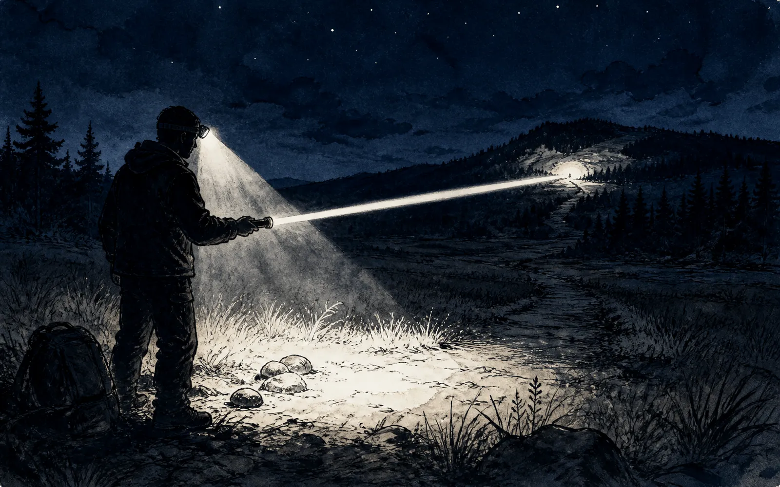 Ink illustration: one night scene, two beams — a headlamp's wide pool at the feet and a handheld's narrow throw reaching the far hillside.