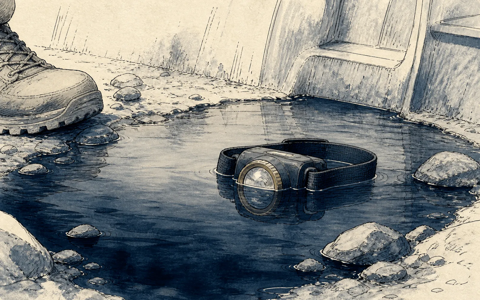 Ink illustration: a headlamp resting half-submerged in a still puddle, the waterline drawn across its body.