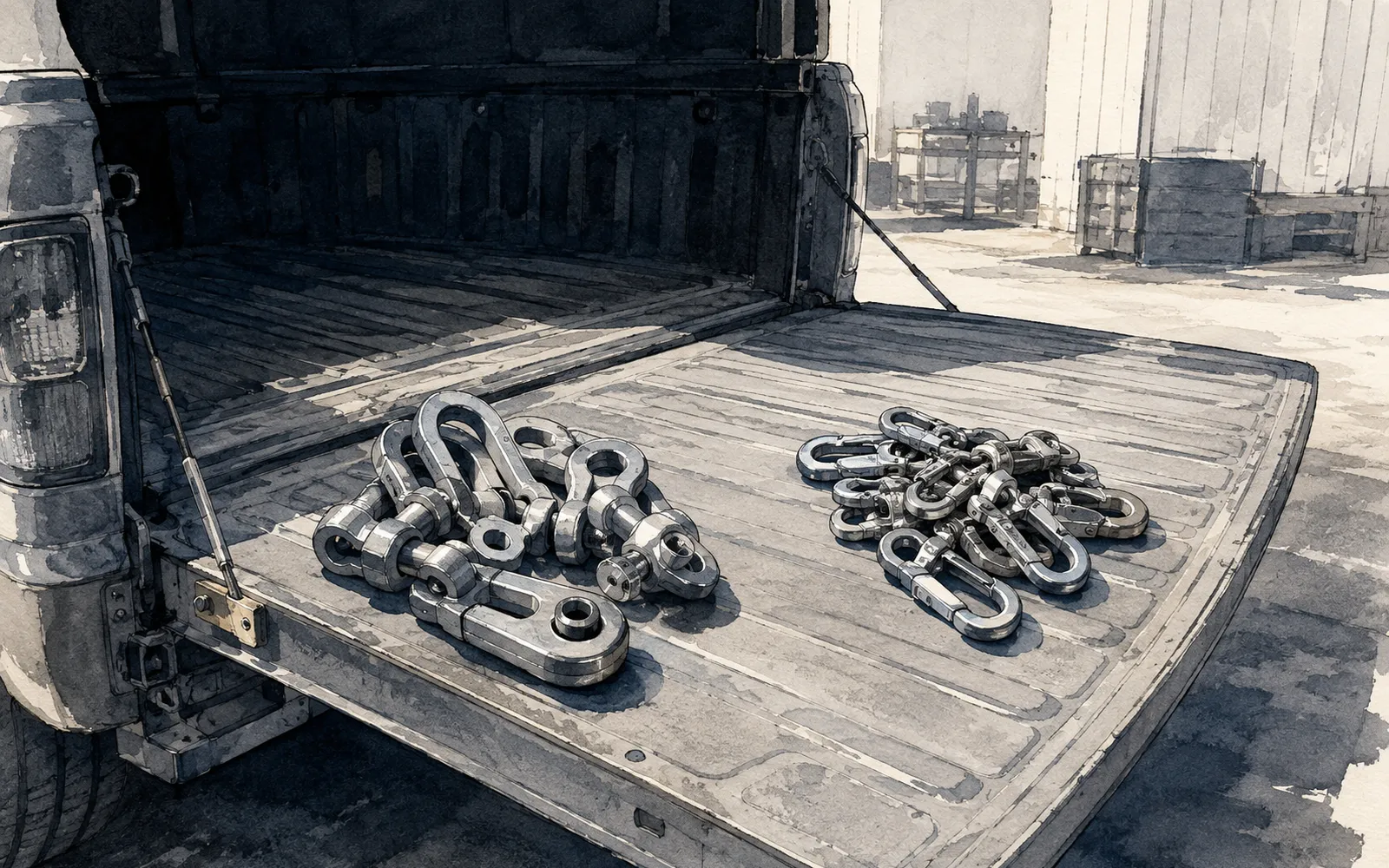 Ink illustration: two loose groups of metal connectors sorted on a truck tailgate, with no readable markings.