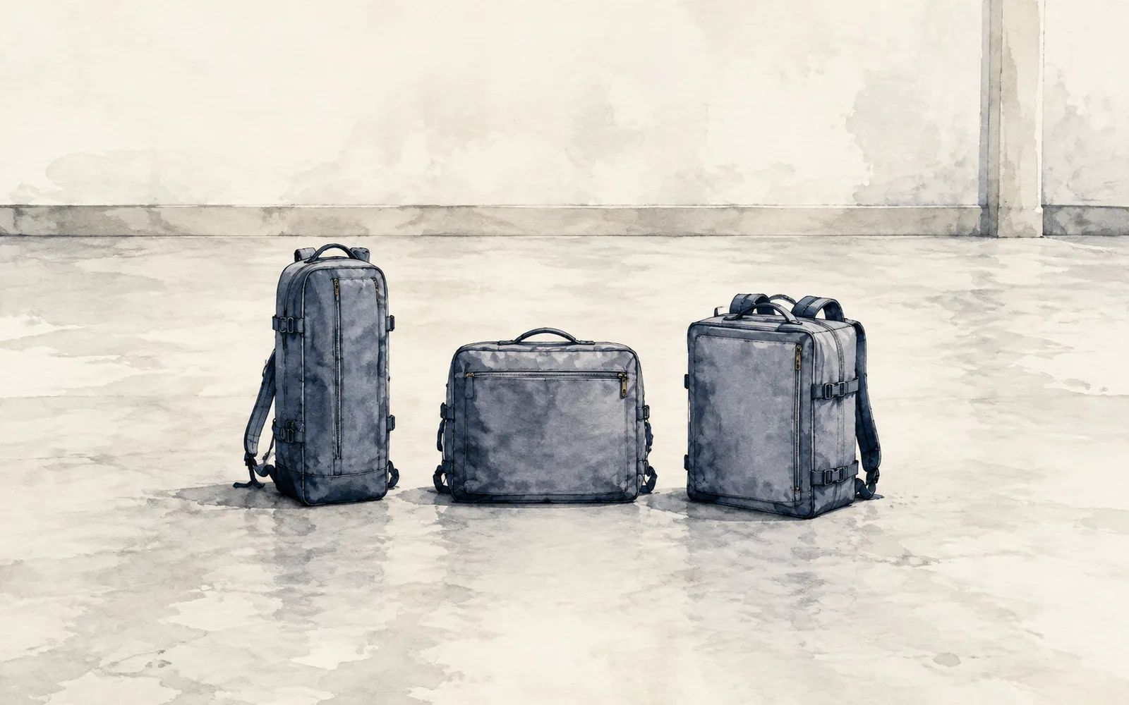 Ink illustration: three backpacks of different shapes standing side by side on a workshop floor.