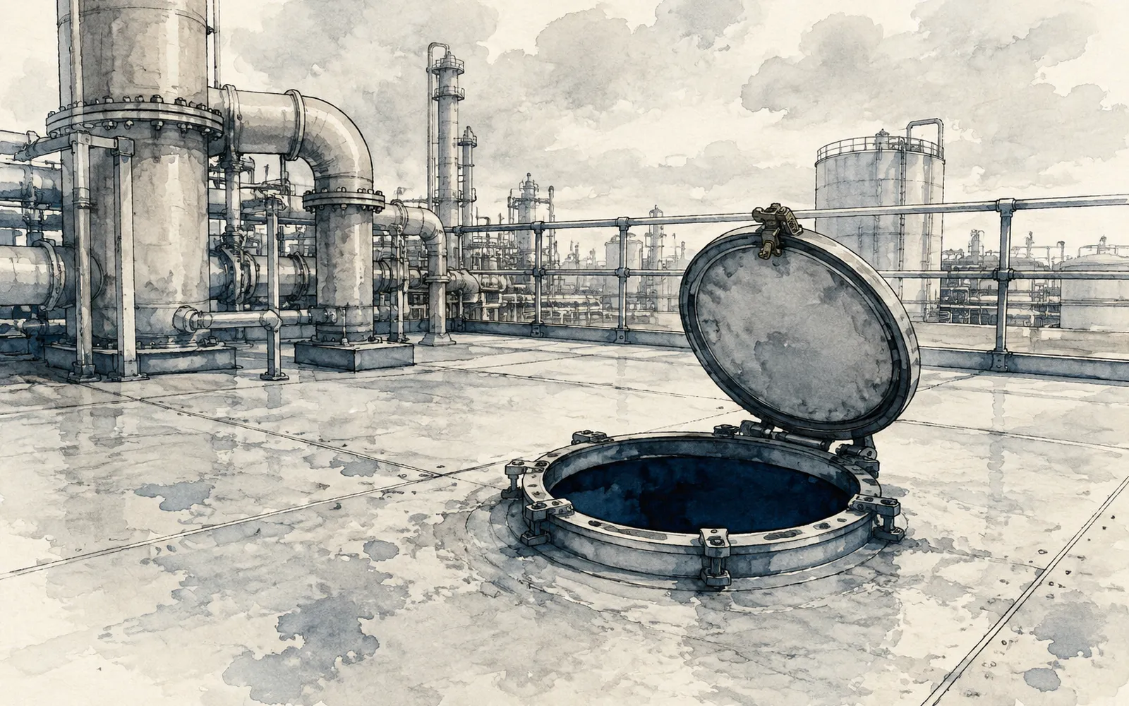 Ink illustration: an open industrial deck hatch with nobody nearby, pipework and grey sky behind it.