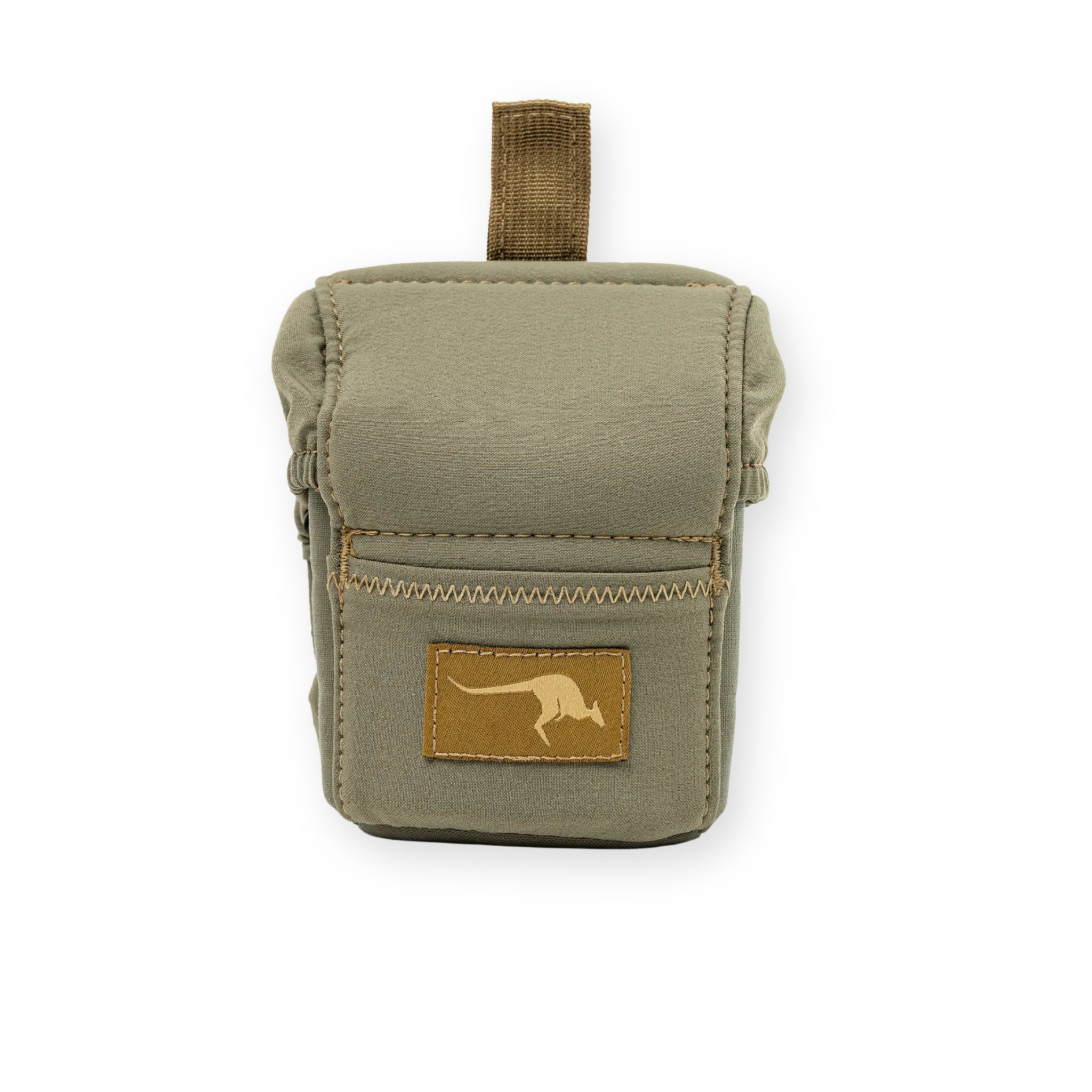 Official green Marsupial Gear No-Mag Rangefinder Pouch with closed lid and pull tab.