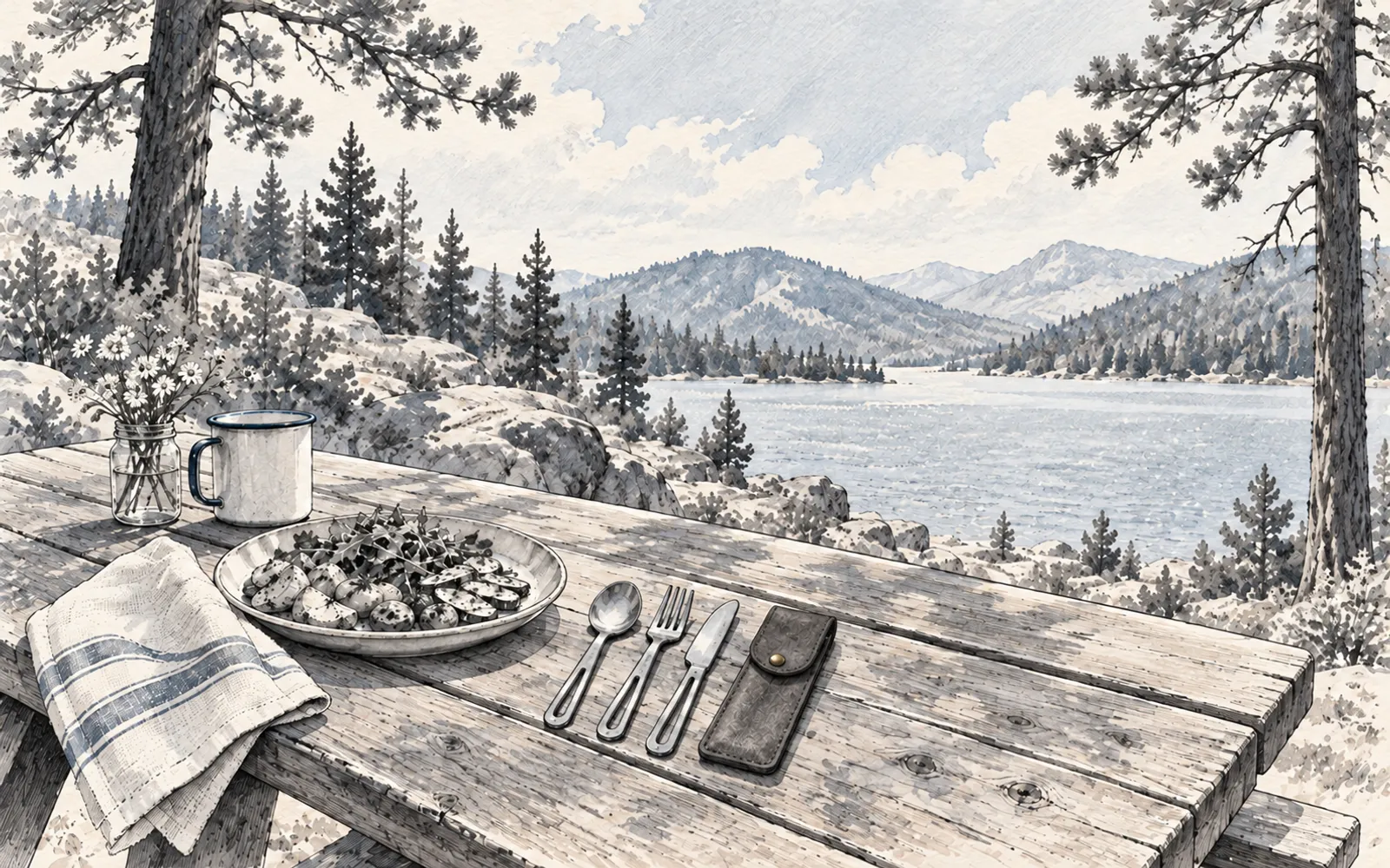 Ink illustration of a spoon, fork and rounded table knife with a retaining sleeve beside a camp meal.