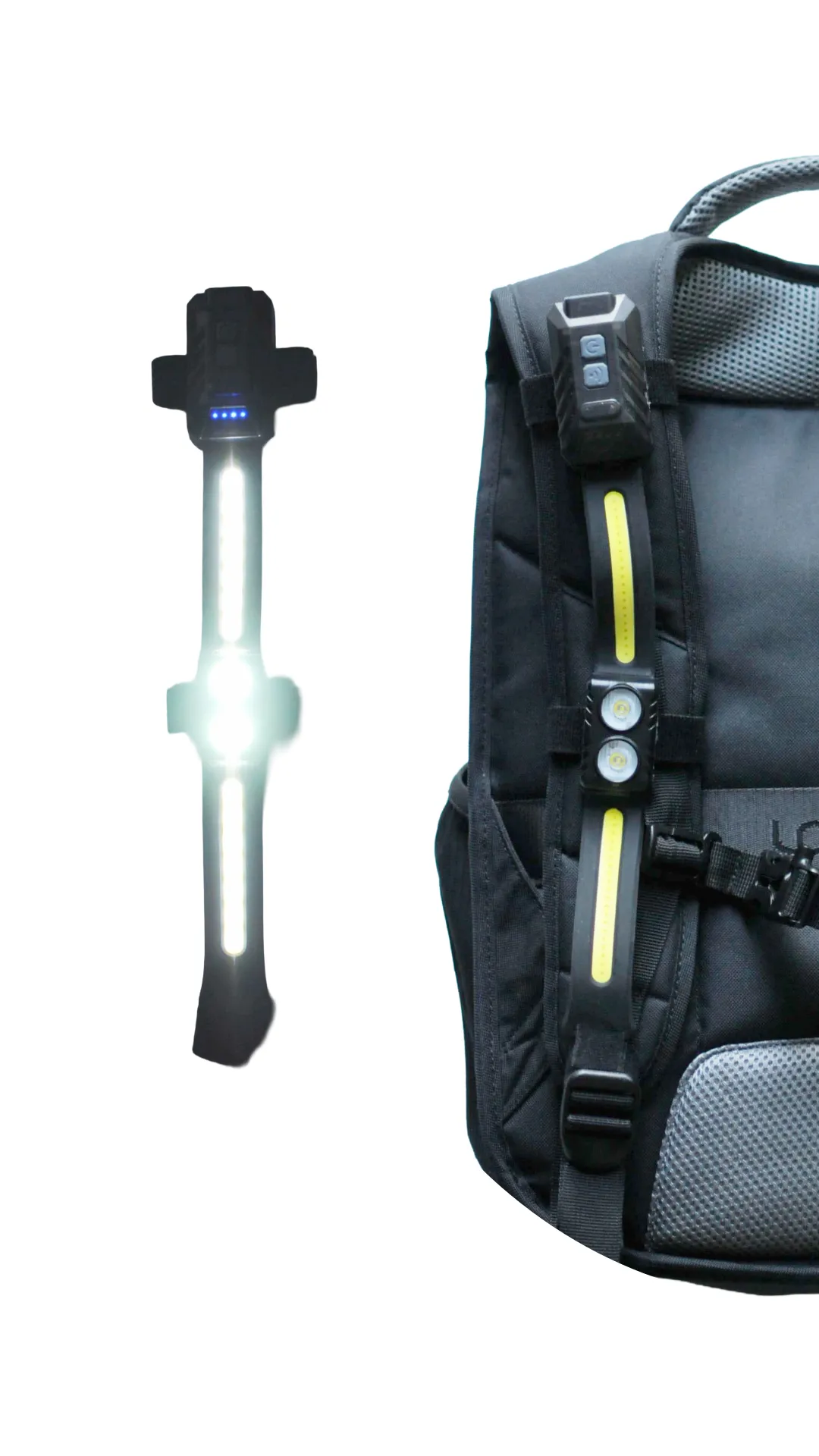 Official StrapLights product image showing an illuminated unit alongside a unit mounted on a backpack shoulder strap.