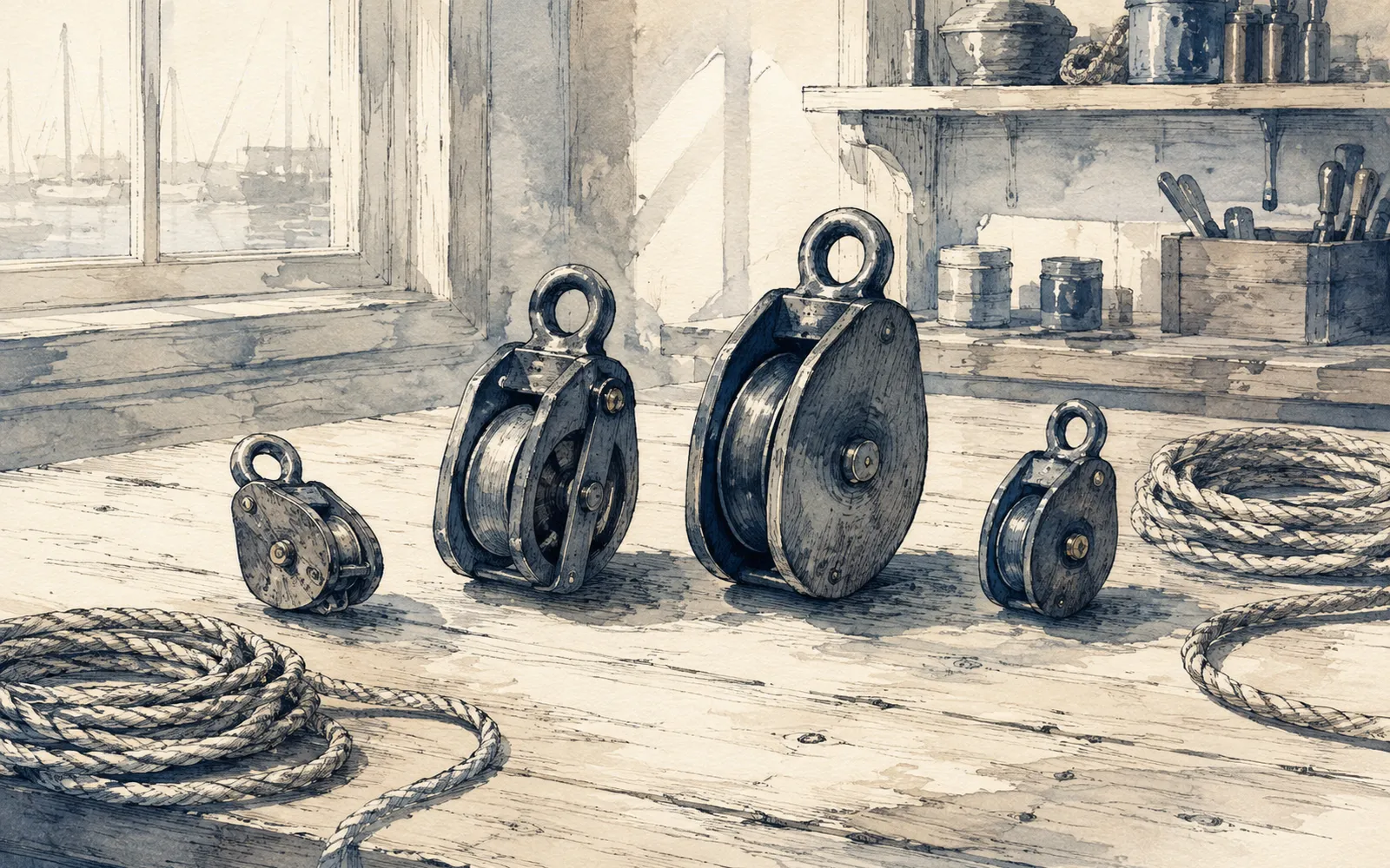 Ink illustration: pulleys of different sheave sizes laid loose on a workshop bench, with rope coils nearby but not threaded.