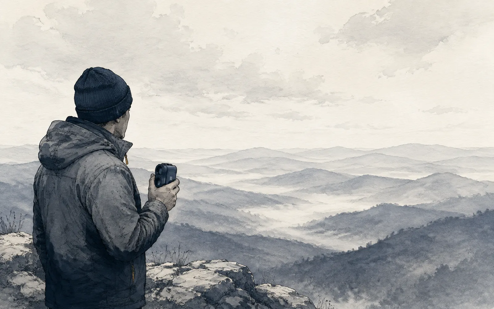 Ink illustration: a person holding a rangefinder at chest height while ridgelines fade into haze.