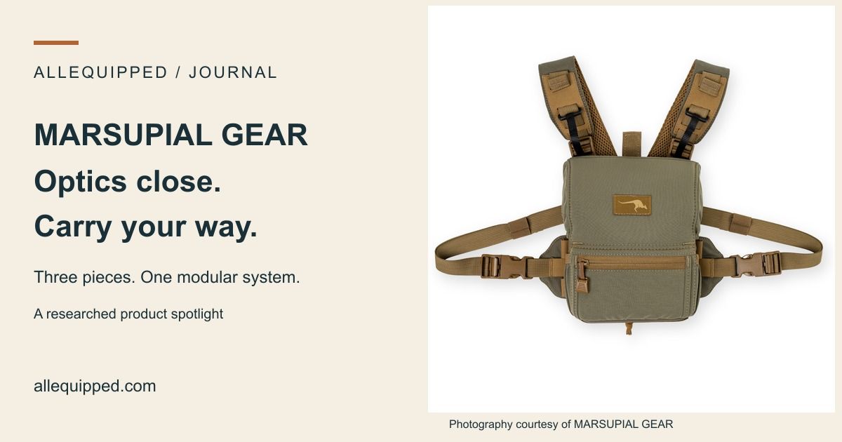 AllEquipped Marsupial Gear spotlight card featuring the official No-Mag Binocular Pack photograph.