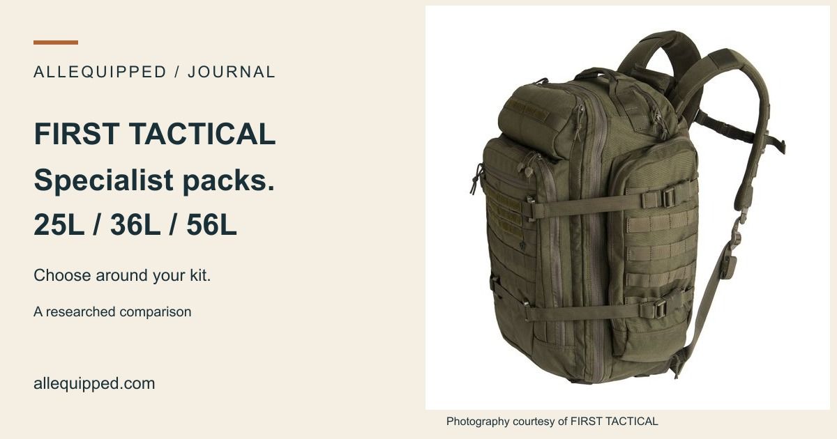 AllEquipped First Tactical Specialist backpack comparison card featuring the official 56L pack photograph.