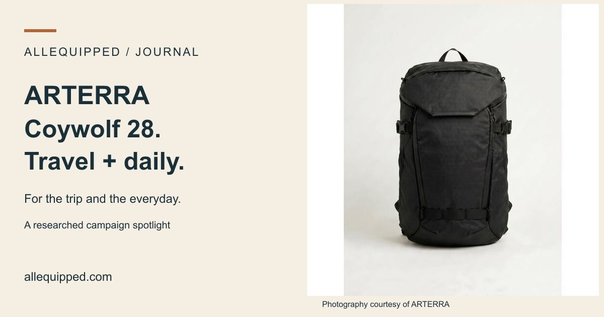 AllEquipped Coywolf 28 campaign spotlight card with an official Arterra backpack photograph.
