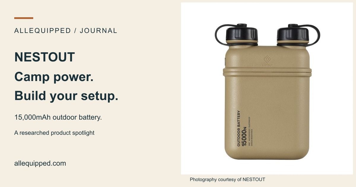 AllEquipped NESTOUT camp-power spotlight card with the official beige battery photograph.