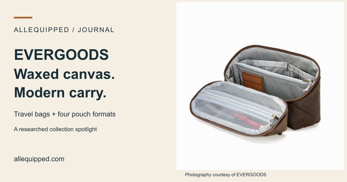 EVERGOODS waxed canvas collection spotlight from AllEquipped, with an official photograph of the open CIVIC Access Pouch 2L.
