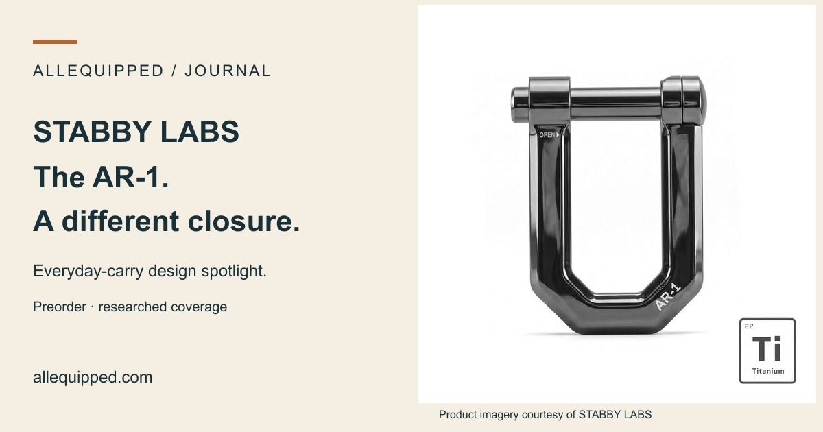 AllEquipped AR-1 spotlight card featuring Stabby Labs’ official titanium product image and a preorder label.
