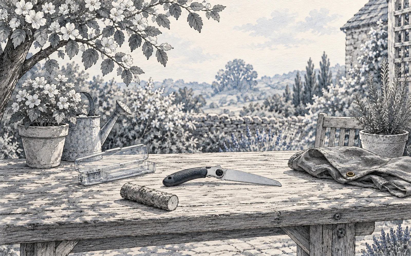 Ink illustration of an unused folding hand saw, clear carrying case and loose wood offcut on a daylight garden workbench.