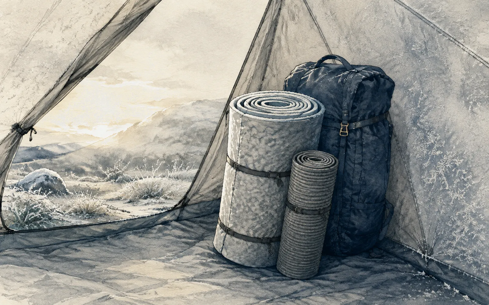 Ink illustration: two rolled sleeping pads of different thickness leaning against a pack inside a frosted tent vestibule.