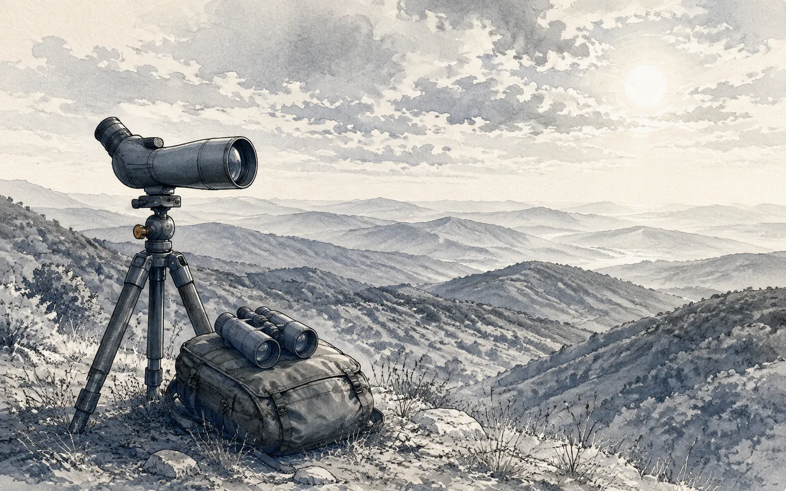 Ink illustration: a spotting scope on a tripod with binoculars resting on a pack beside it, hills receding behind.