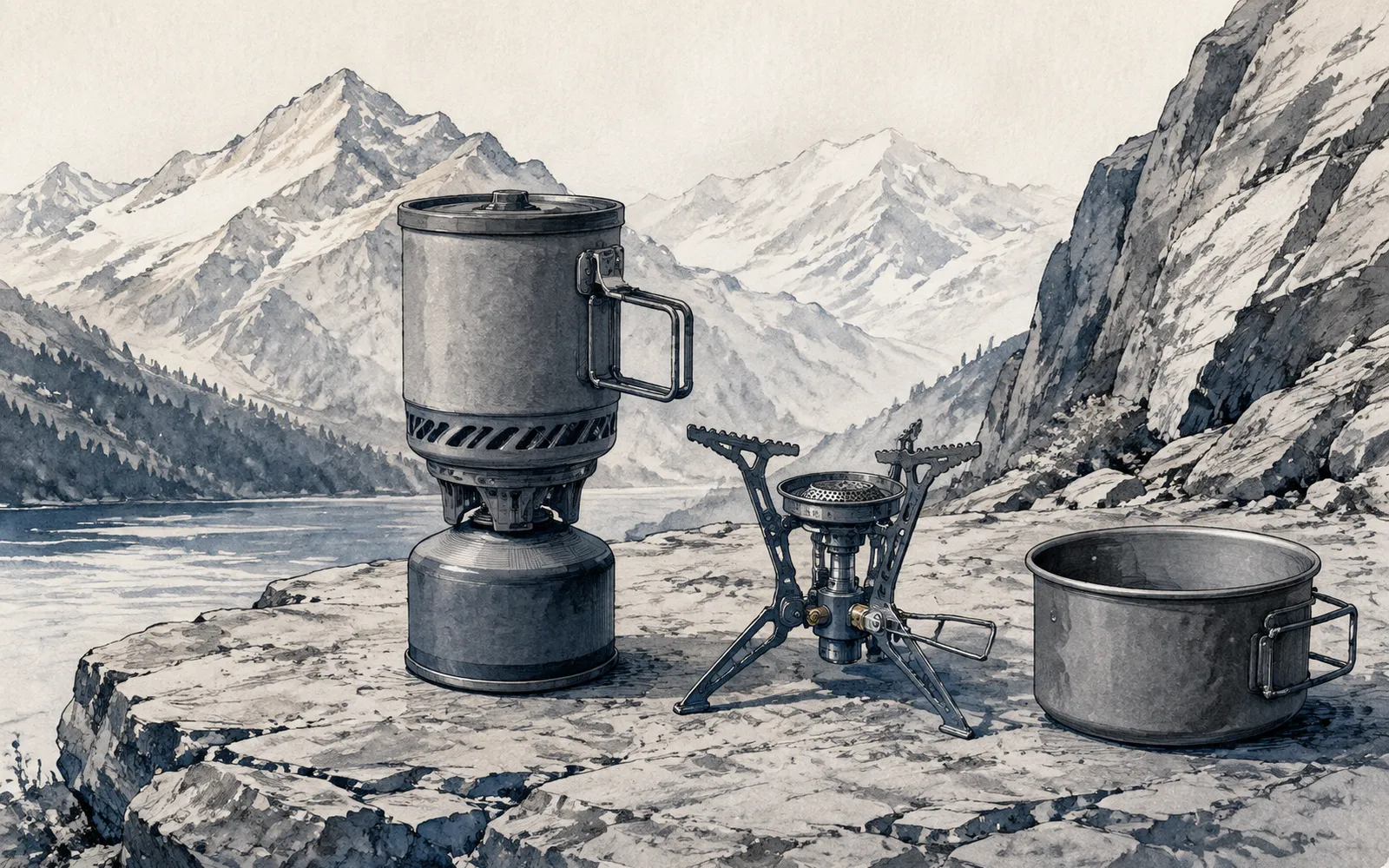 Ink illustration: an integrated canister stove and an open-burner stove standing cold beside a pot on rock.