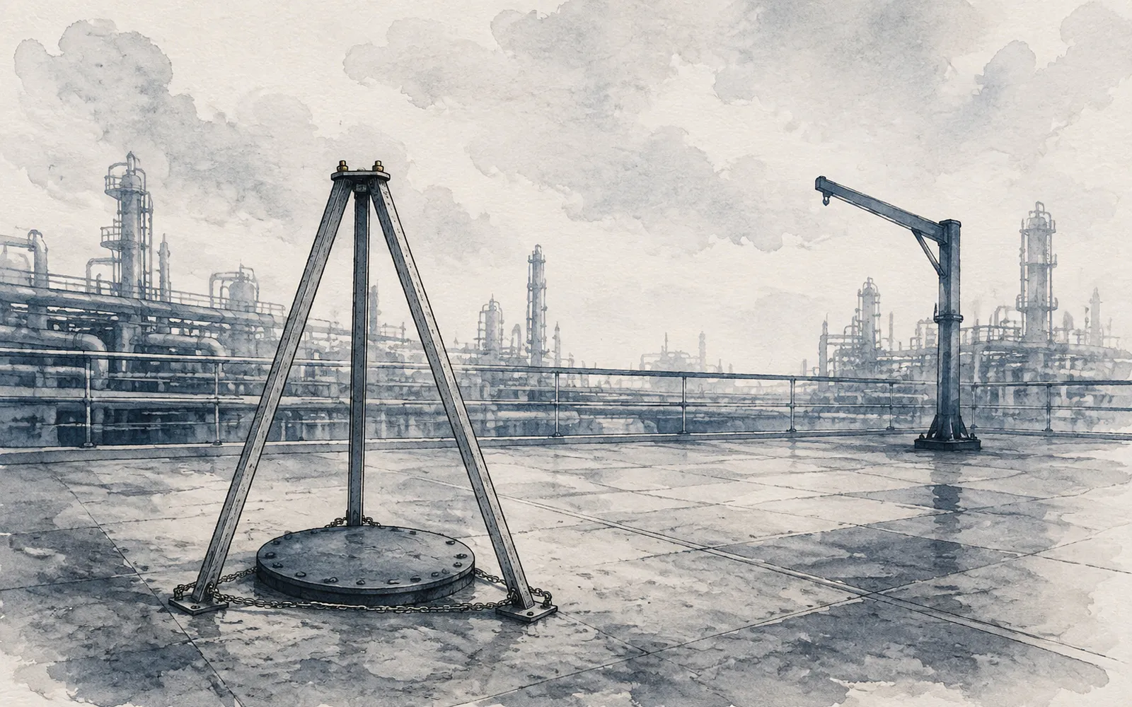 Ink illustration: a tripod over a closed manhole cover and a distant davit arm on an industrial deck.
