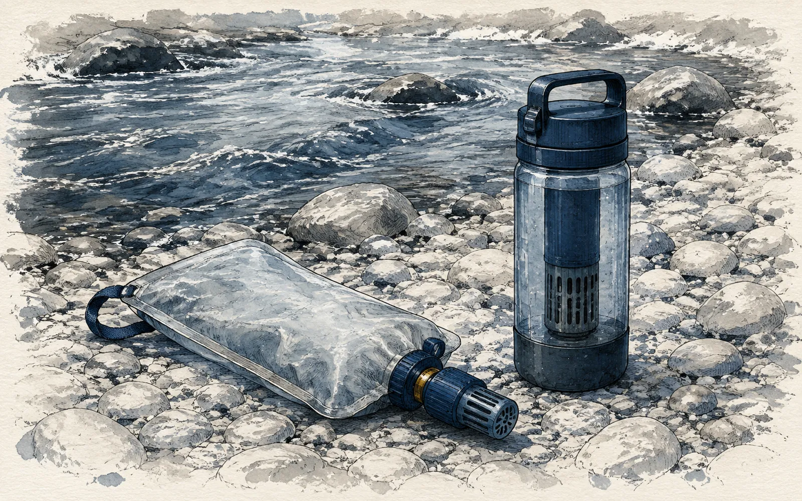 Ink illustration: a collapsible squeeze filter pouch and a bottle-style purifier resting on river cobbles.